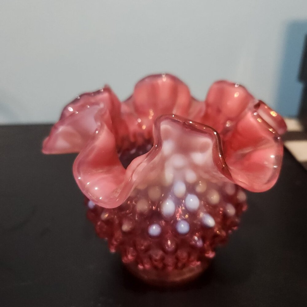 Fenton 1940s Cranberry Opalescent Hobnail Vase  4 inches tall